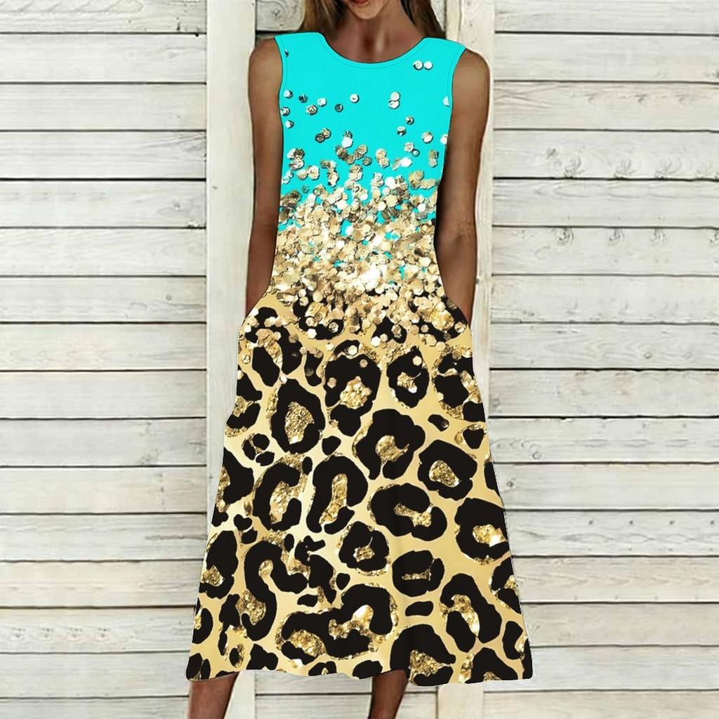 Women Plus Size Sleeveless Crew Neck Dress Bright Ditsy Botanical Flowy Mid Calf Dress