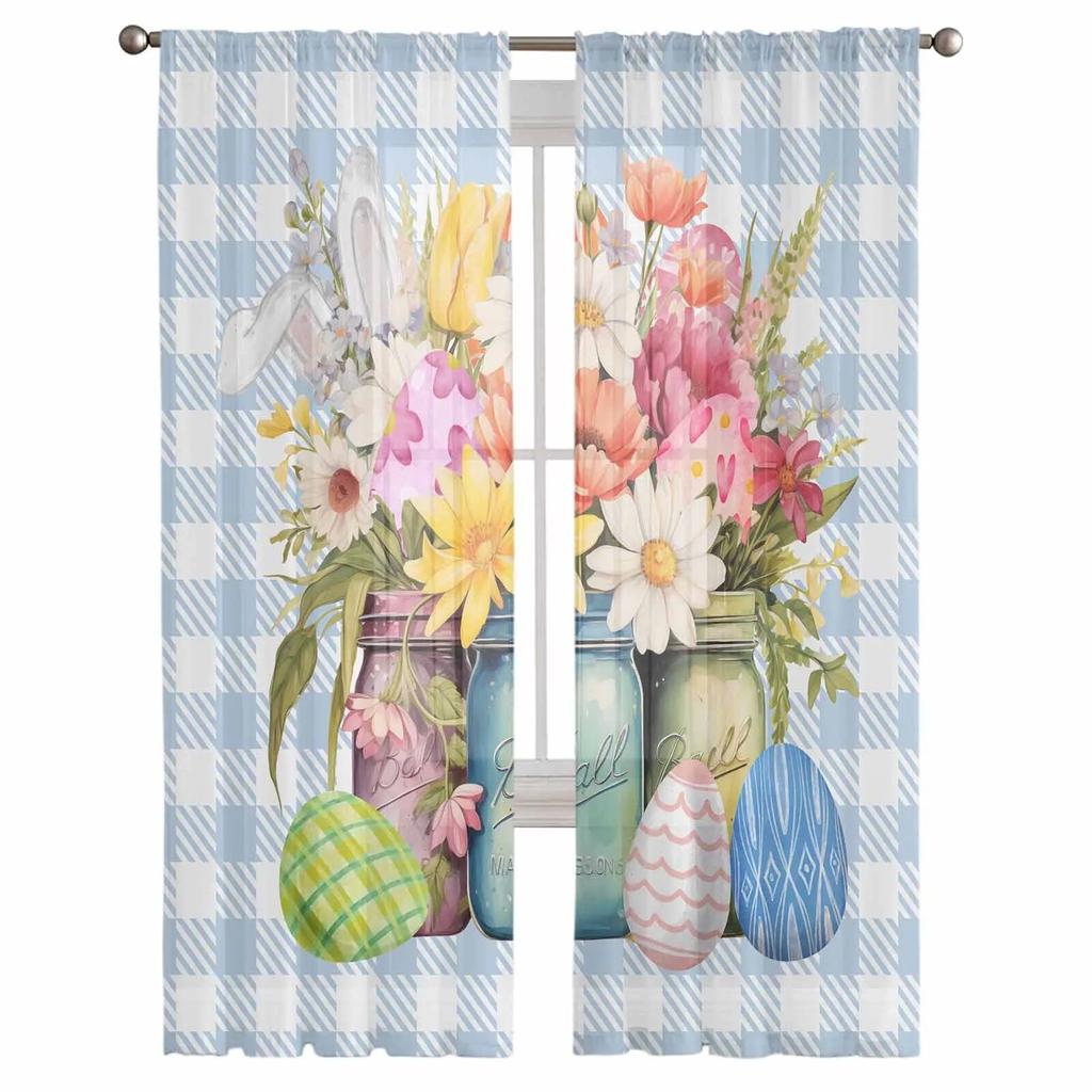 Easter Eggs Watercolor Flowers Tulle Curtains For Living Room Sheer Curtain For Bedroom Kitchen Blinds Voile Curtains