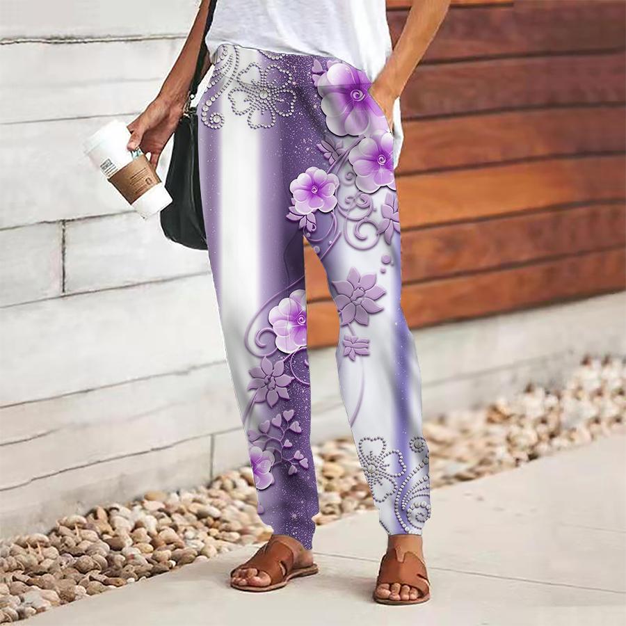 Women Flower Printing Pants Lace Up Elastic Waist Loose Trousers Casual Long Pants Trousers with Pockets