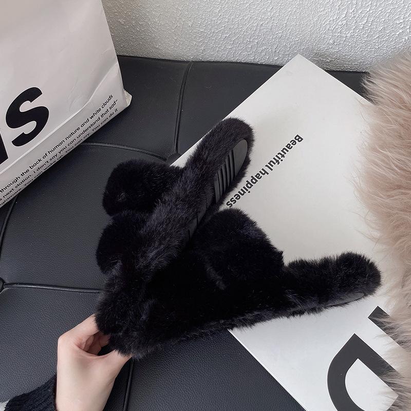 Thick bottom heightening one-word fluffy slippers women's outer wear ins home explosion non-slip versatile autumn and winter cotton slippers