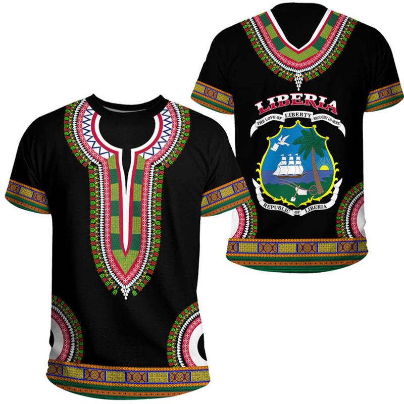 Liberia Men s T-Shirt Summer Short Sleeve LR National Emblem Flag 3D Print Fashion Round Neck Sports Fitness Male Clothing Tops XXS
