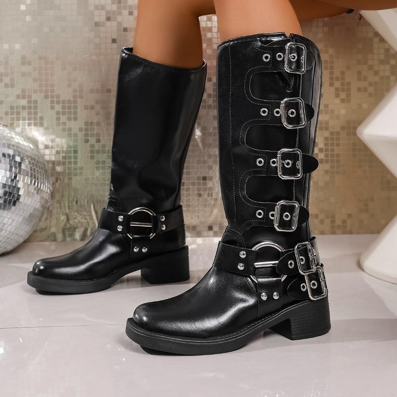 Fashion Plus Size Platform Combat Boots Zip Chuny Heel Buckle Vintage Fashion Casual Luxury Designer Western Mid Calf Boots Shoes Woman