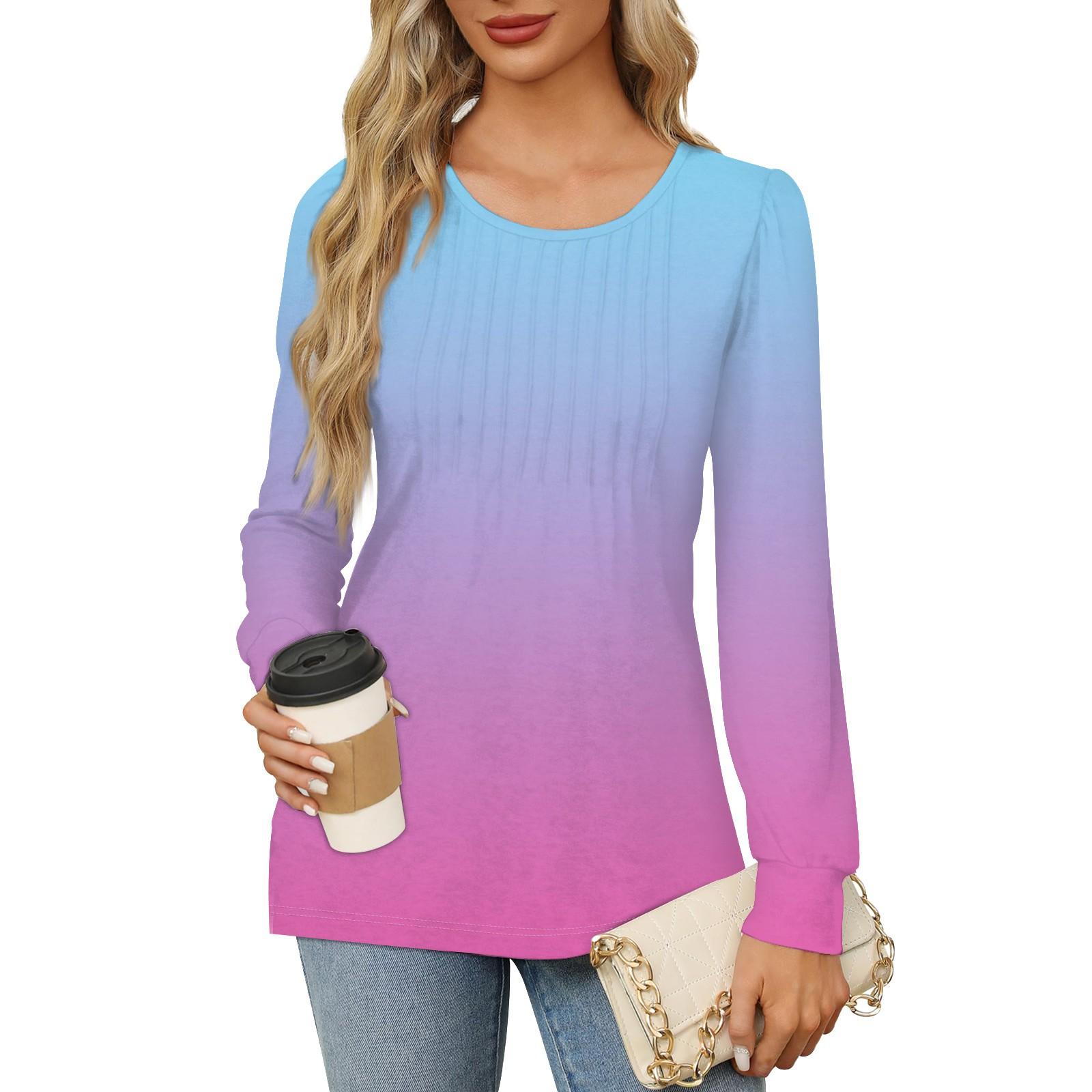 

Женская повседневная плиссированная футболка с круглым вырезом и длинными рукавами с градиентным принтом XL