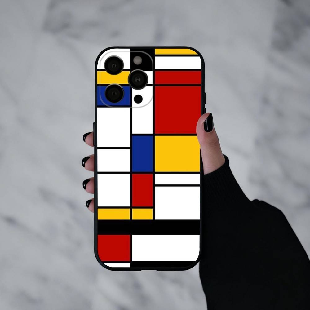 Grid T-TOPLBPCS M-Mondrian  Phone Case For iPhone 17pro,16,15,14,13,12,11 Plus,Pro Max,XS,Soft Silicone Black Cover