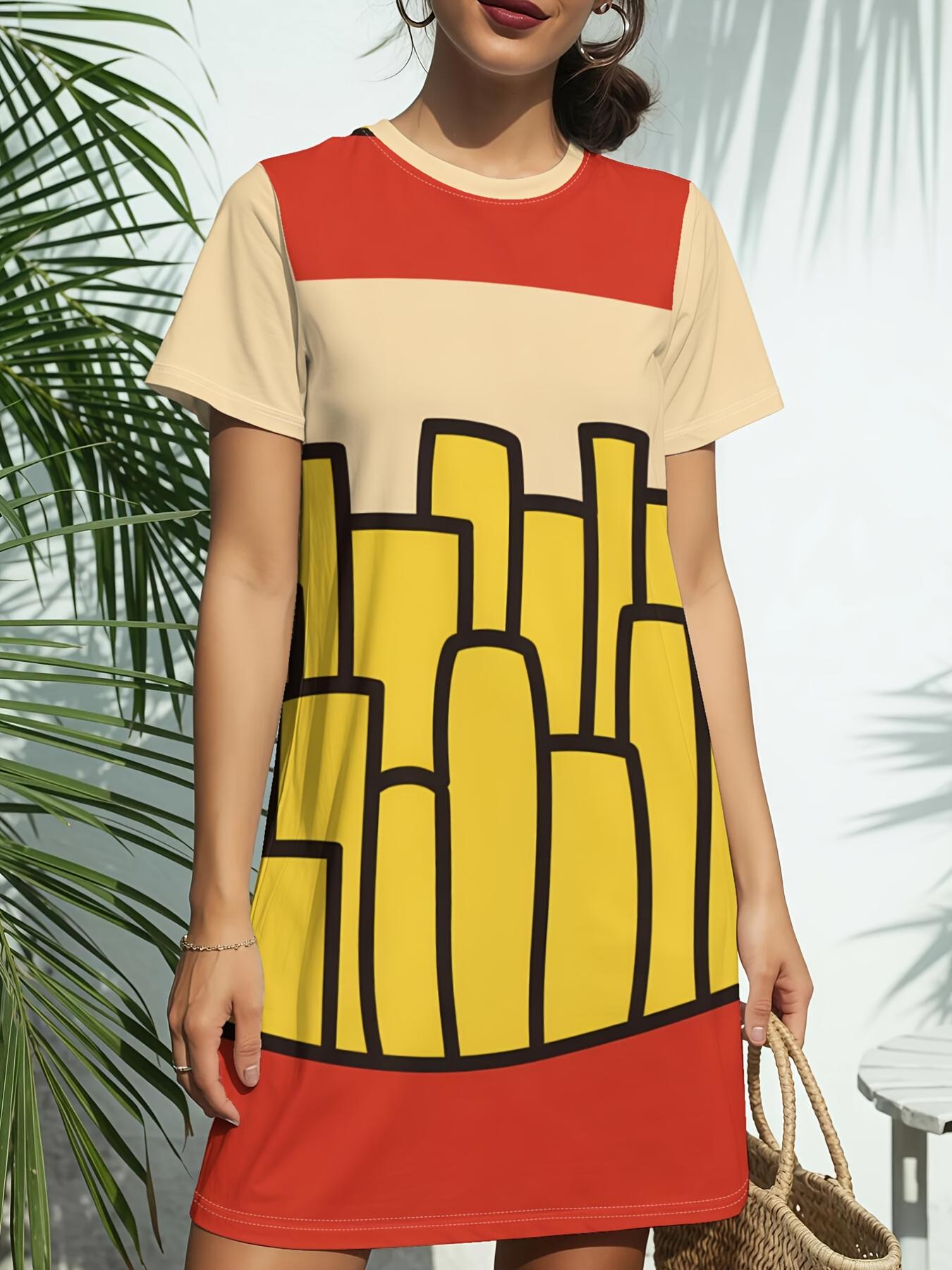 

Women s French Fries Print T-Shirt Dress - Short Sleeve Round Neck Casual Dress with French Fry. Spring Summer Outfits Suitable for Daily Wear. Birthd S дубильна кора