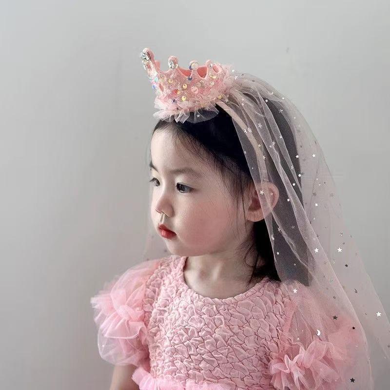 1Pcs Sparkly Tulle Hair Accessories Princess Crown  Headbands Pink White Sequin Party Headwear Cute Girl'S Dress Up Headband