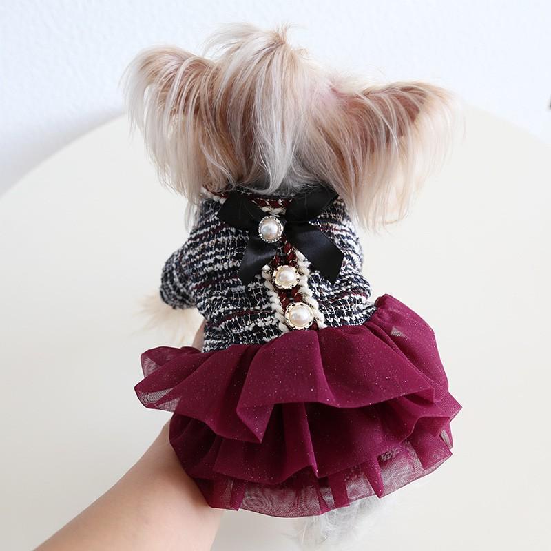 Winter Wine Red Tweed Pet Dress Small Dogs Cats Clothes