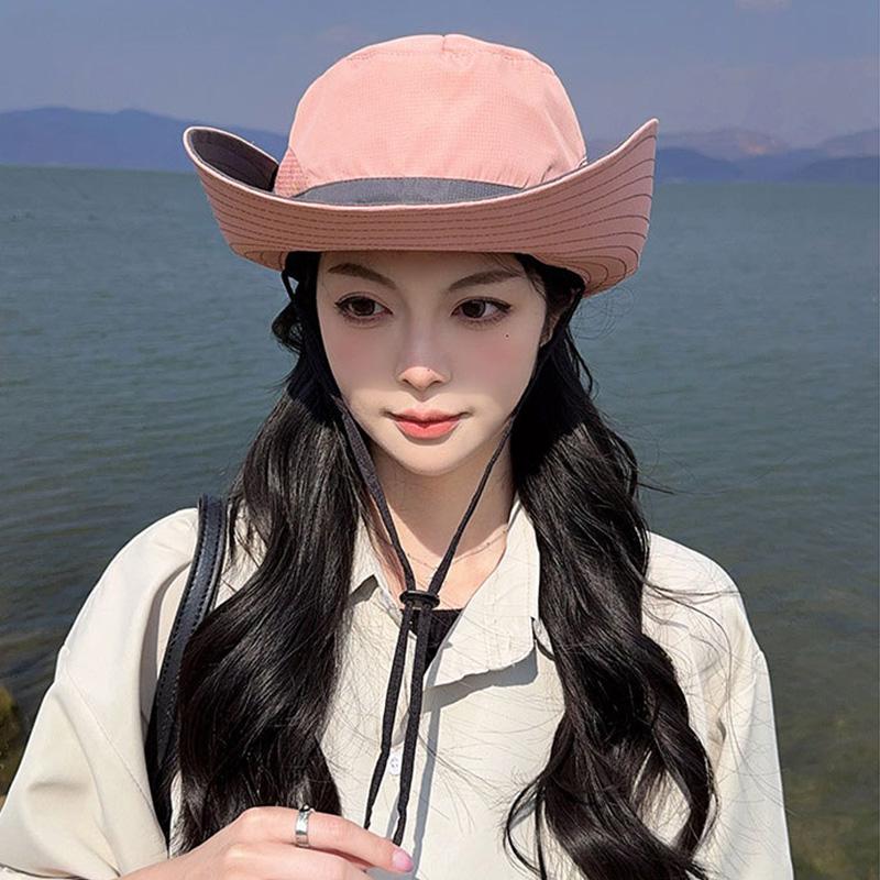 New Color Blocked Summer Mesh Fisherman Hat Women Quick Drying Fordable Sun Protection Hat Outdoor Riding Travel Ponytail Cap