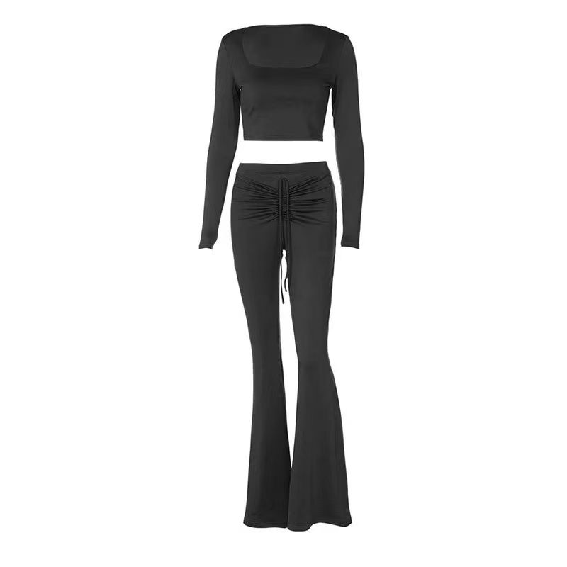 

Fashion Sexy Square-Neck Top Drawstring Pants Suit Square Collar Top and Pants Set Black L