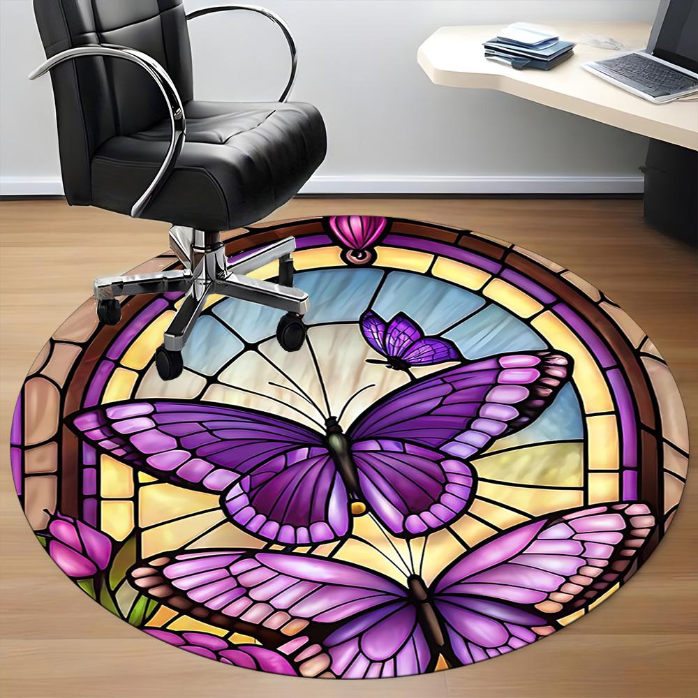 1pc Butterfly StainedGlass Office Round Area Rug,  Mat Suitable ForOffice, Under Office Chairs Bedroom Living Room Home Decor, Room Deco