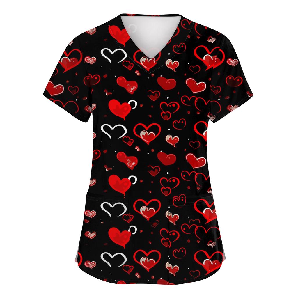 Women's Fashion Short-Sleeve Valentine's Day Print V-Neck Pocket Workwear Top