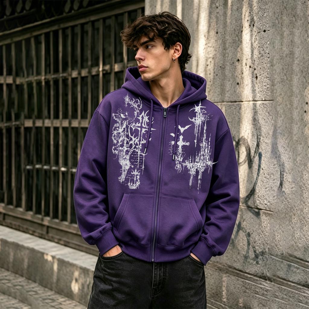 Herren Trendiges Bedrucktes Reißverschluss-Sweatshirt, Weiche Punk-Stil Fleece Kapuzenjacke mit Reißverschluss, Lässiger und Vielseitiger Cardigan