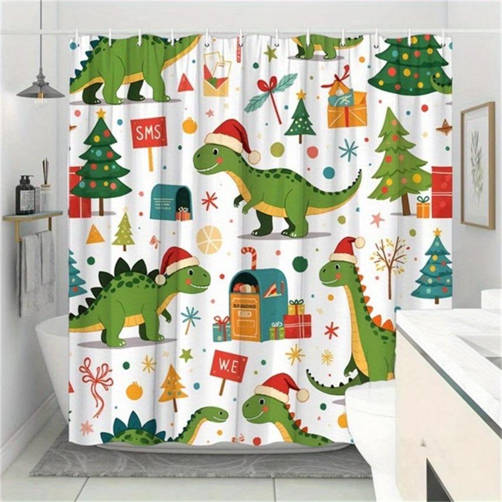 

1 шт. Рождественская шторка для душа с динозаврами - Шапки Санты, Подарки, Елки и Снежинки, Зеленые динозавры, 70,8x70,8 , Моющийся полиэстер W90XH180cm