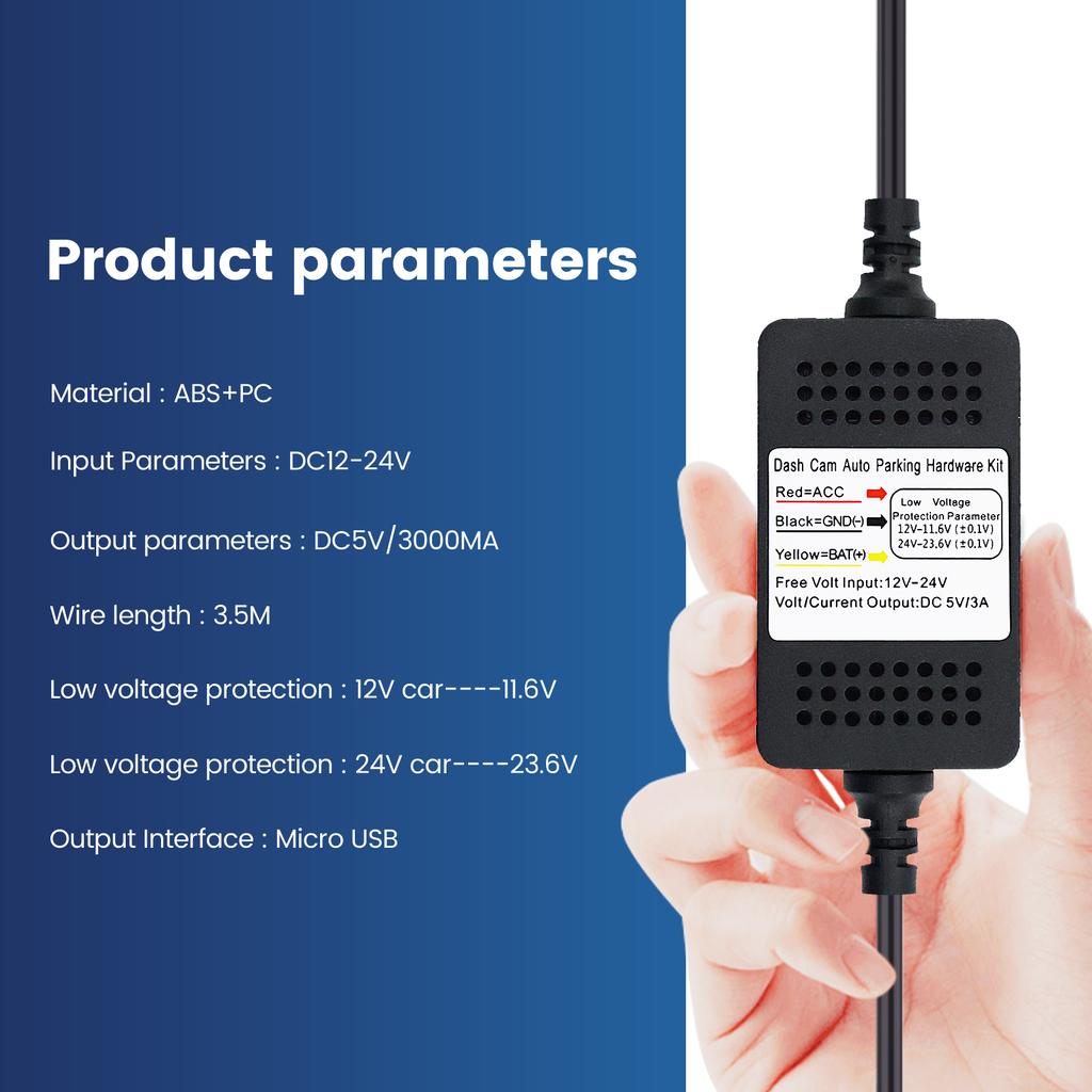 3A for Universal Car Dash Cam Step-Down Line Auto DVR 12-24v Hardwire 3.5m Cable Kit Mini Micro USB C Charger 5V Dashcam Camera