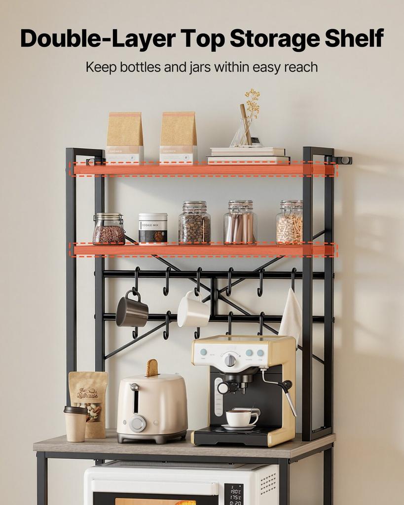 Kitchen Bakers Rack, 600 mm Width Bakers Rack, Kitchen Stand with X-Shaped Support Bar, 12 S-Shaped Hooks, Double-Layer Top Shelf, Coffee Bar Stand
