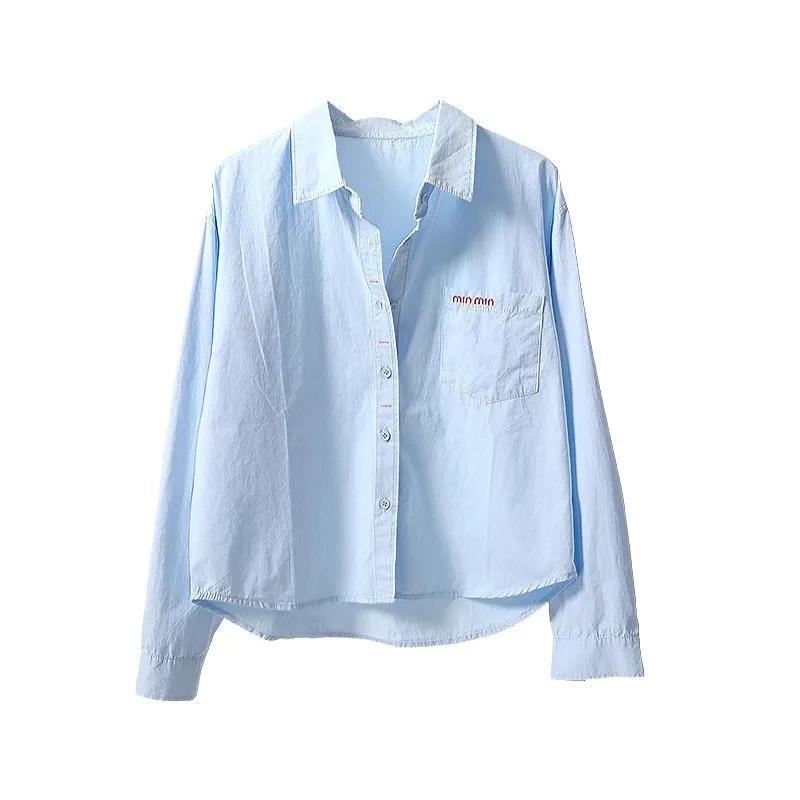 Short Cotton Shirt Women's Spring Summer Coat Fashion Letter Pocket Jacket Long Sleeve Casual Blouse Joker Ladies Tops
