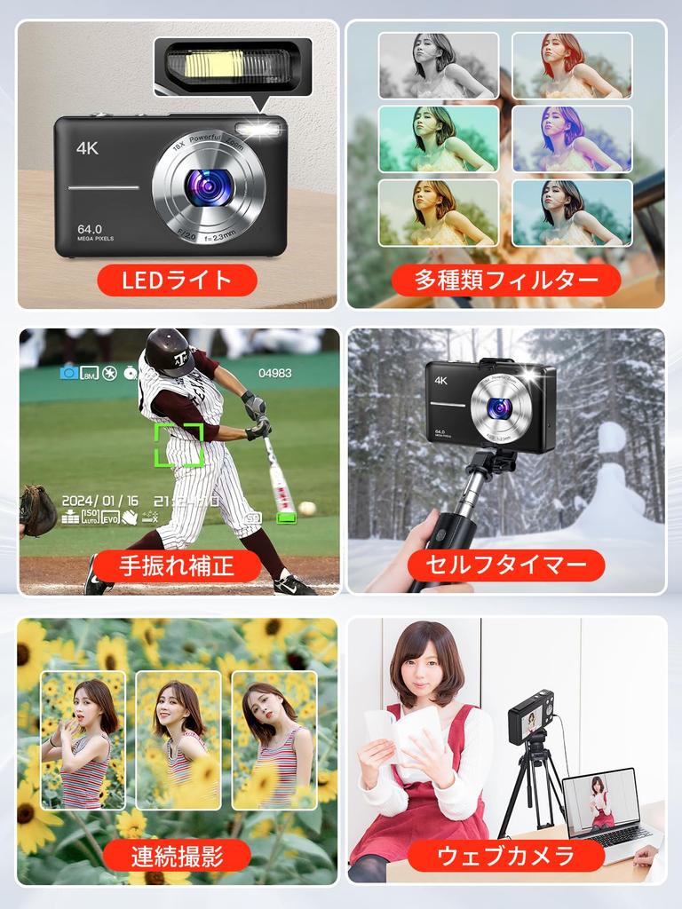 Moledro 4K Digital Camera, 64MP, 32GB Micro SD Card Included, 18x Digital Zoom, Autofocus, Webcam, LED Light, Image Stabilization, Multiple Filters,