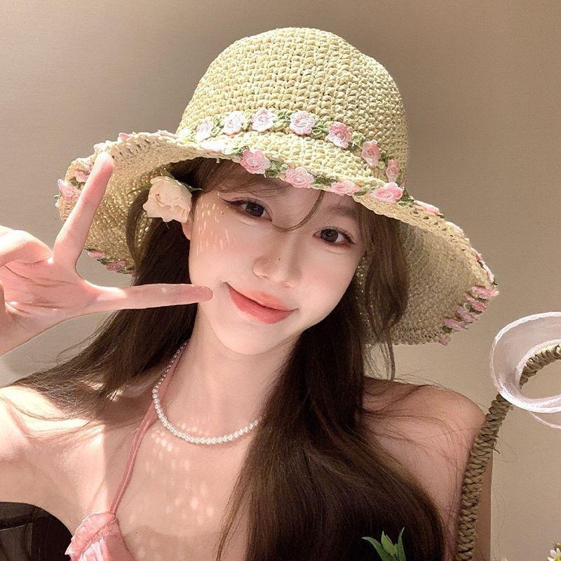Idyllic Small Fresh Flowers Fisherman Straw Hat Seaside Vacation Beach Face Small Straw Foldable Sunshade