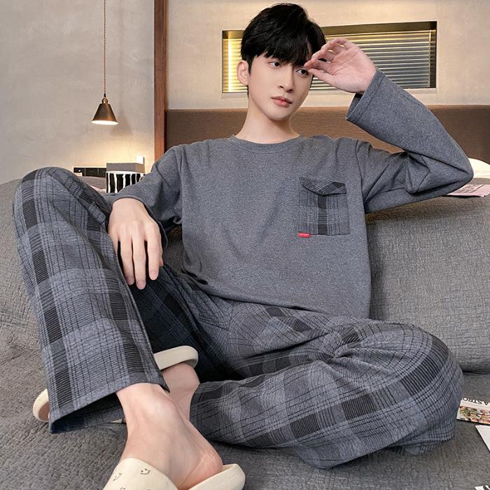 Men's Spring/Autumn Long Sleeve Cotton-Look Pajama Set - Youth Style, Casual Homewear, Plus Size.