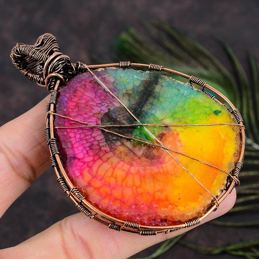 Natürlicher Regenbogen Sonnenquarz Edelstein Kupferdraht Wickel Geschenk Anhänger 3.55 L8C00