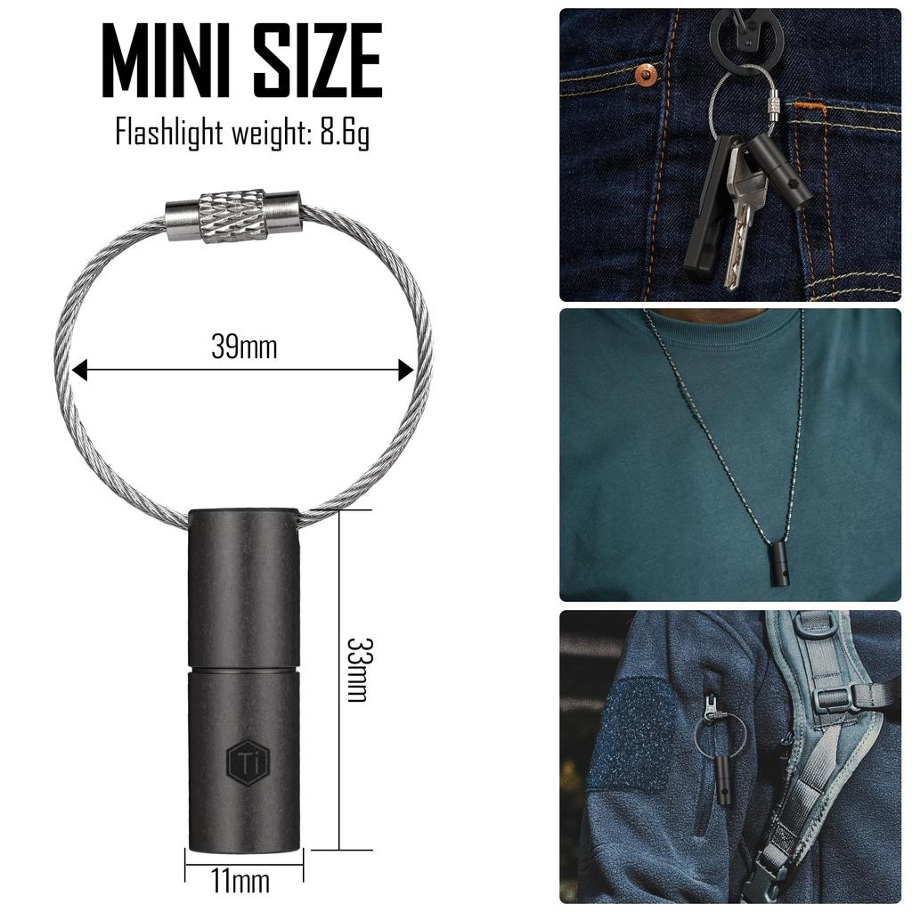 KeyUnity Mini-Taschenlampe, Batteriebetrieben, 33 mm Lang, KF00 BK, Kompakte LED, Titanlegierungs-Taschenlampe, Ultra-Mini-Größe mit Schlüsselring, Praktisches Licht, Co