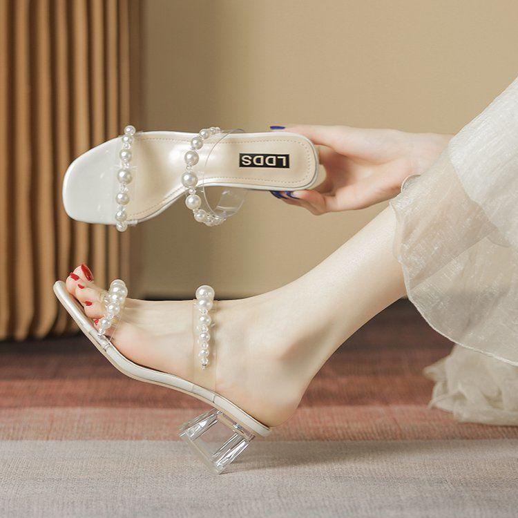 Versatile crystal thick heel high heel sandals transparent slippers women's rhinestone pearl outer one-word mop 2025 summer new