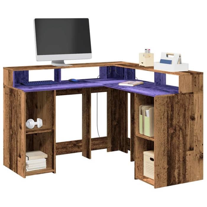 VidaXL Bureau avec lumières LED vieux bois bois d'ingénierie, bureau d'ordinateur, bureau d'écriture, meuble de bureau à 3309454