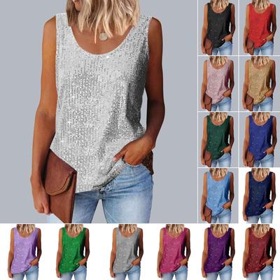Women Summer Sequins Tank Tops Ladies O-neck Sleeveless Casual Loose Vest Tee Shirts Top