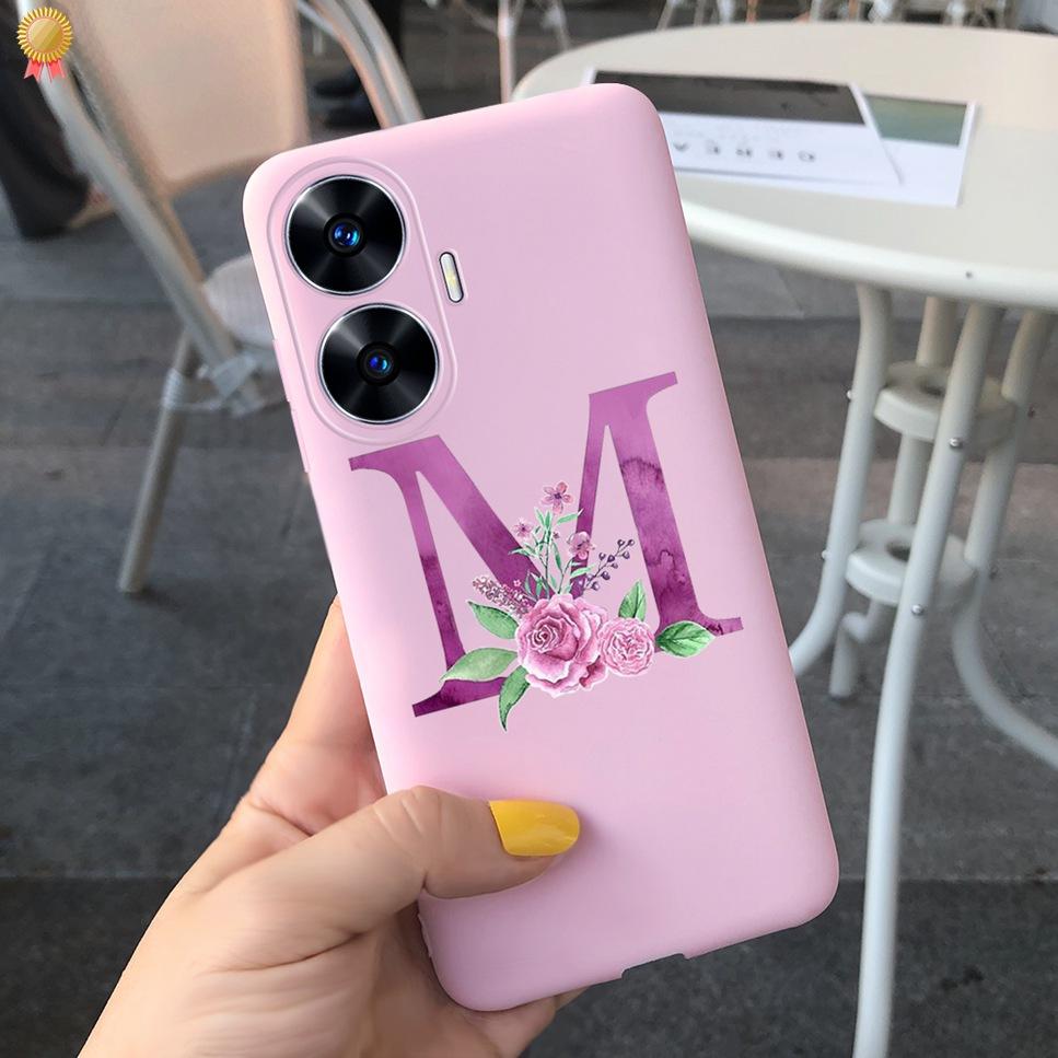 For Realme C55 C 55 6.72'' Case Delicate Cute Letters 3D Crown Flowers Matte Shockproof Soft TPU Silicone Phone Case Back Cover