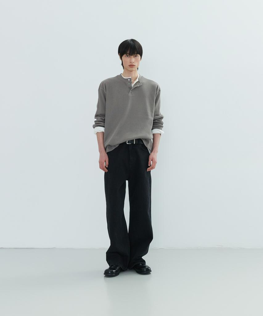LEIRE Waffel Henley-Hals Langarm-T-Shirt [Mochabraun]