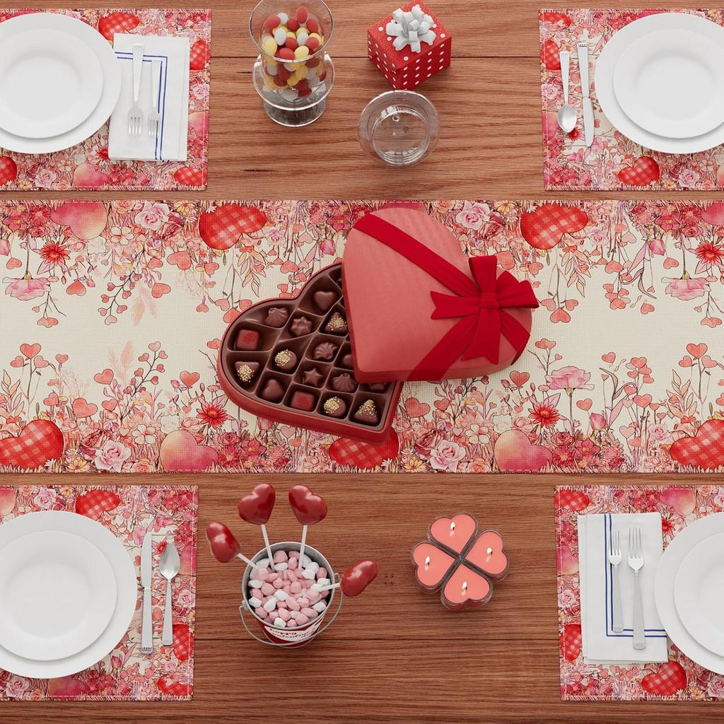 XCHI Wild Flowers Love Hearts Valentine’s Day Table Runner Table Decoration for Party Home Kitchen Dining Holiday Decor 13x72 Inch