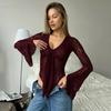 Black Sexy V-neck Lace Bodysuit Women Tops 2026 Summer Long Sleeve See Through Slim Rompers Jumpsuit Lace Up Sheer Lace Bodysuits