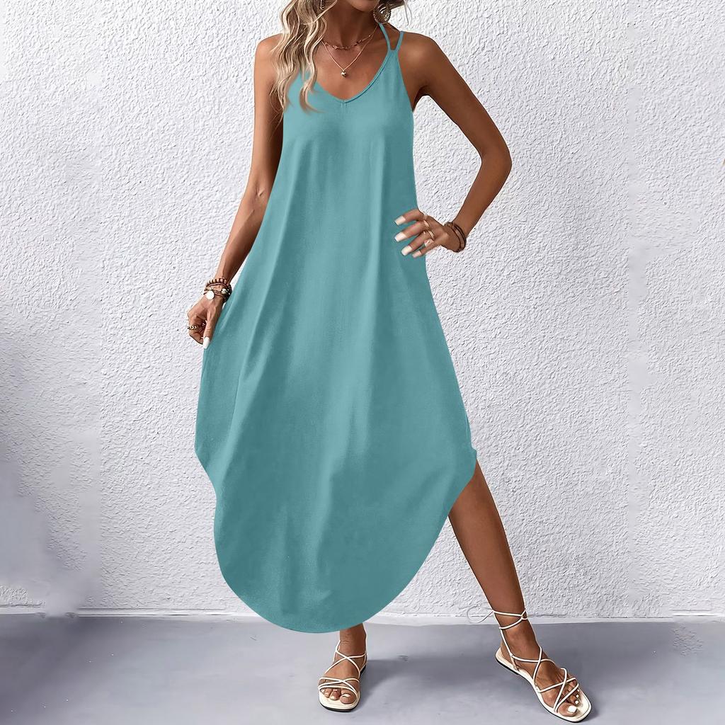 Women's Fashion Casual V-neck Sleeveless  Dresses Print Dresses Beach Long Dresses