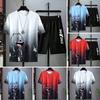 2Pcs/Set Men Casual Outfit O-neck Short Sleeve Bear Printing T-shirt Elastic Waist Wide Leg Shorts Set Quick Drying Loose Fit Sportswear