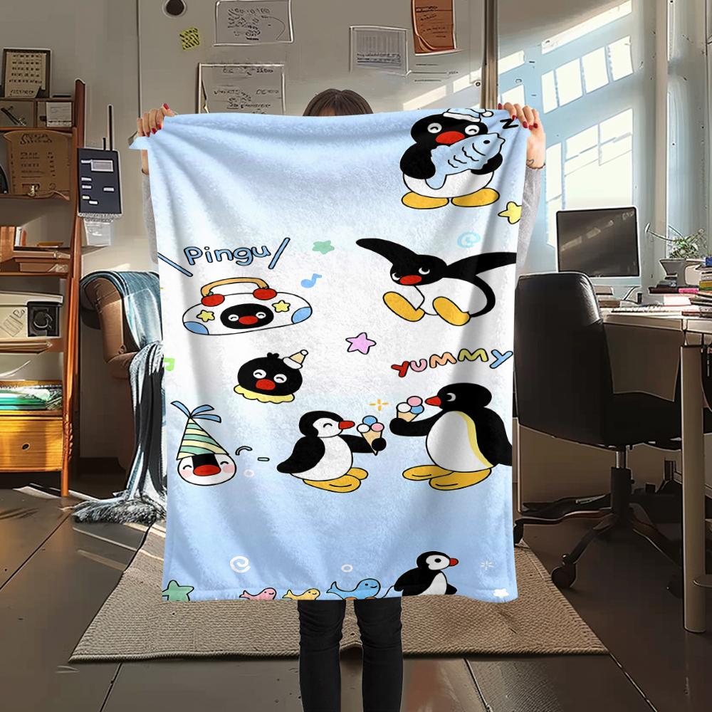1PC PINGU Print Flannel Blanket, High Quality All Seasons, Home Decor, Warmth and Comfort, Perfect for Christmas Gifts