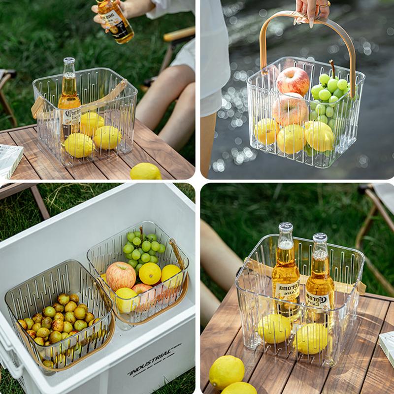Lightweight Transparent Carry Basket Stylish Plastic Storage Bin With Wooden Handle For Kitchen Bathroom And Outdoor Activities