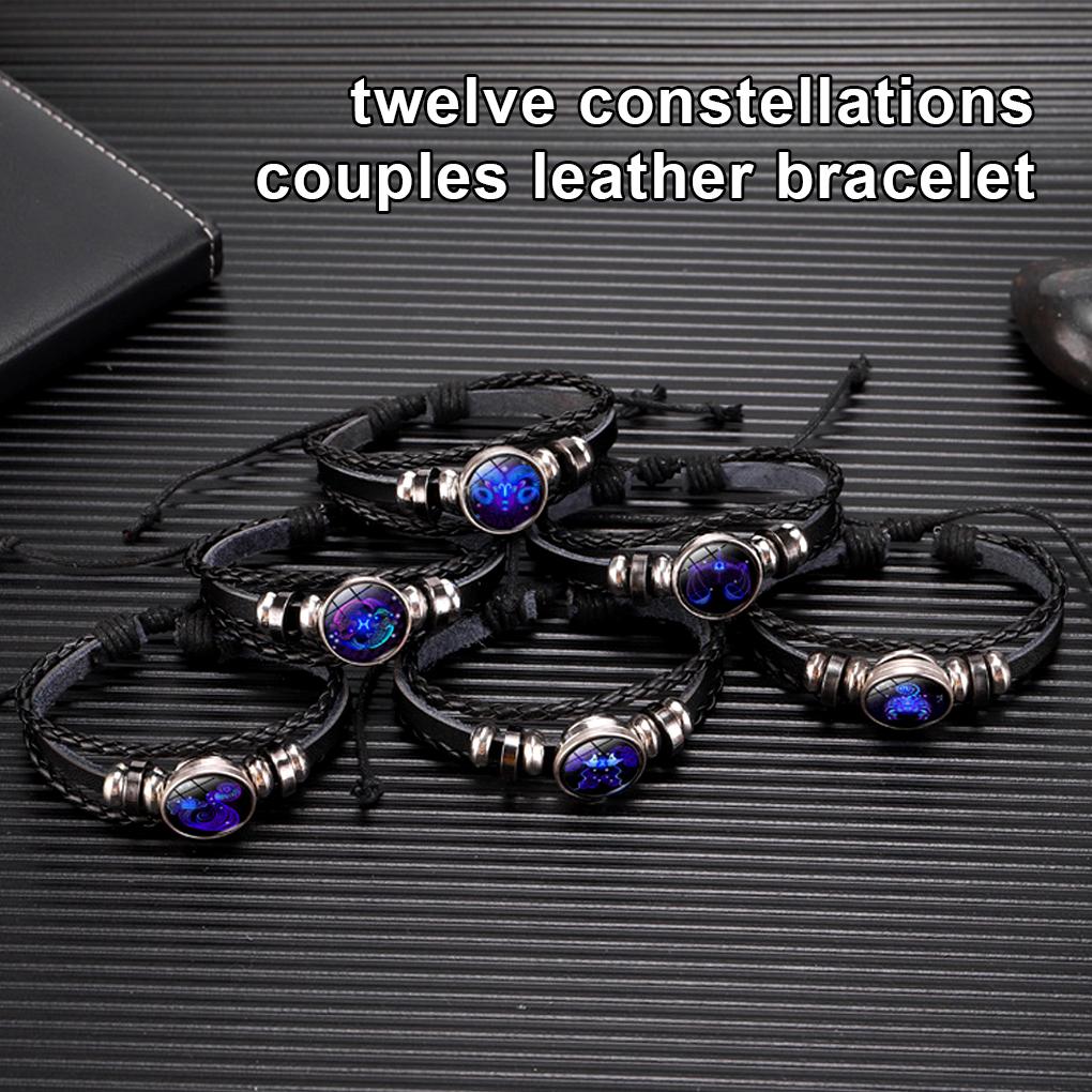 Bracelet 12 Zodiac Signs Bangle Black Punk Luminous Handmade Adjustable Fashion Charm Multi-layer Wristband Birthday Gifts
