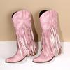 Fringe Boots For Women Mid Calf Women's Boots Comfortable Pull On Chunky Heel Pointed Toe Fringed Boots Western Knee High Fit
