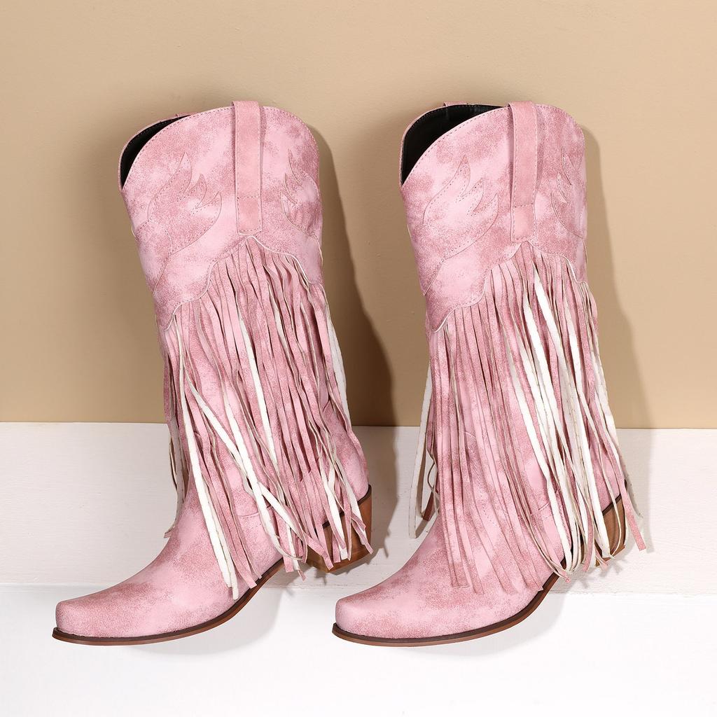 Fringe Boots For Women Mid Calf Women's Boots Comfortable Pull On Chunky Heel Pointed Toe Fringed Boots Western Knee High Fit