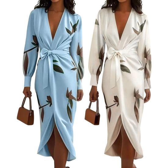 Women's Floral Print Satin Wrap Midi Dress Deep V Neck Long Sleeve Bodycon Dress Split Formal Evening Party Dress