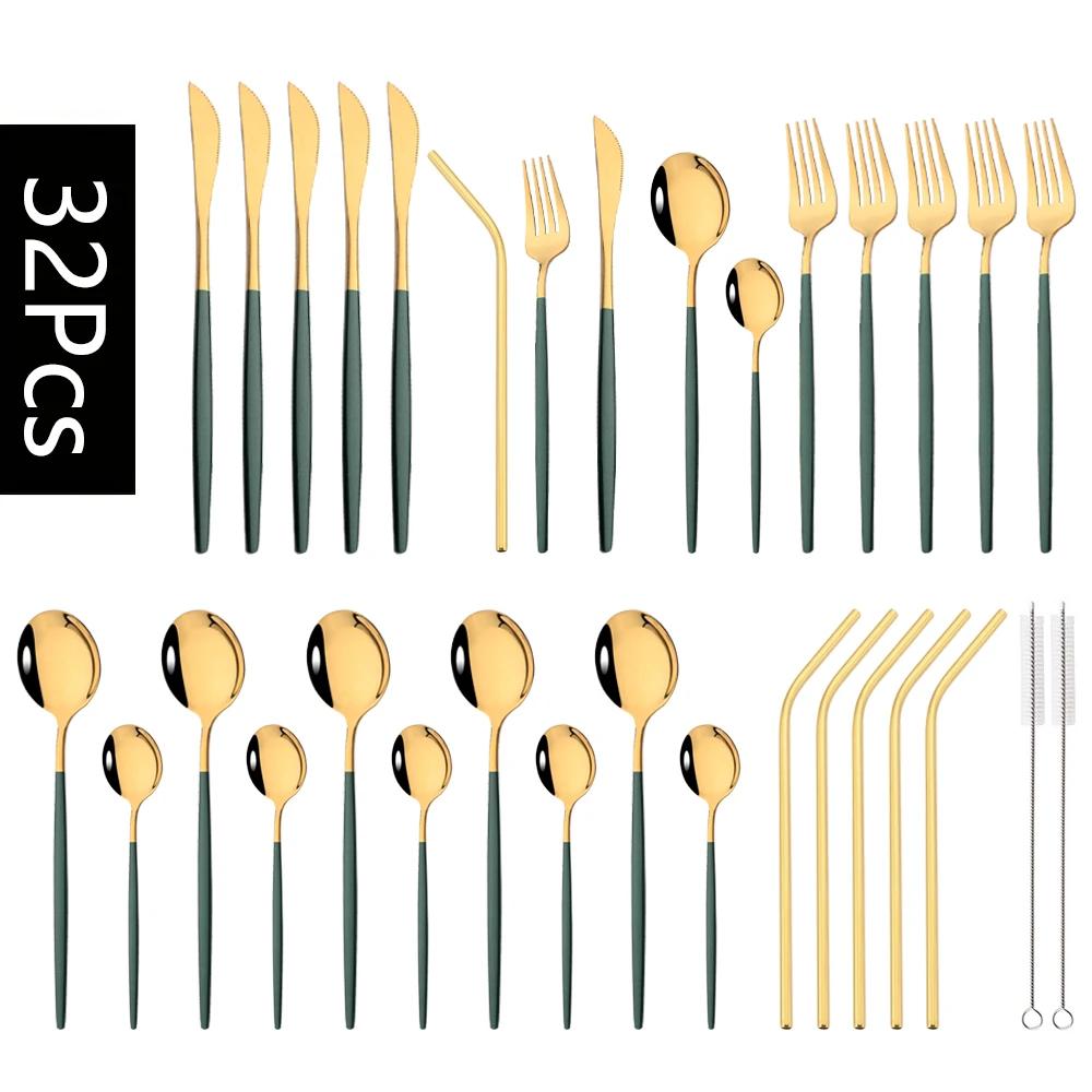 32Pcs Red Gold Dinnerware Stainless Steel Cutlery Set Knife Fork Tea Spoon Drink Straw Flatware Set Kitchen Flatware Tableware