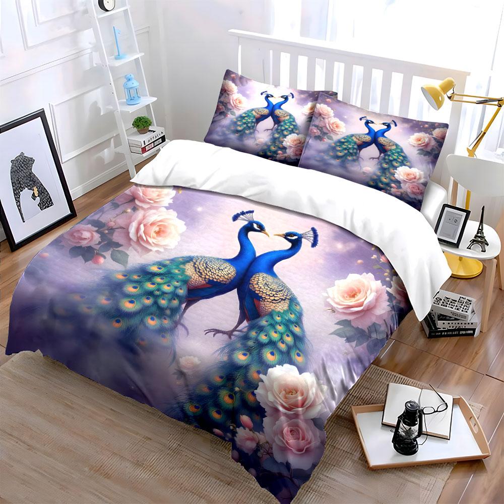 Elegant Peacocks And Pink Roses Duvet Cover Set With 3D Printing Design Soft Polyester Bedding Set All-Season Comfort