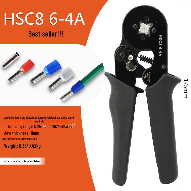

HSC8 6-4A Self-Adjusting Crimping Tool for VE Tube Terminals, 0.25-10mm Range, Quadrilateral Crimping.