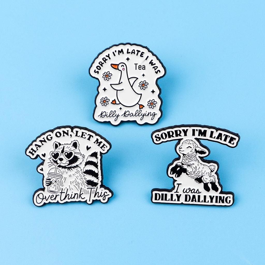 Cartoon Raccoon Alpaca Metal Brooch: Creative English Quote Badge for Clothing