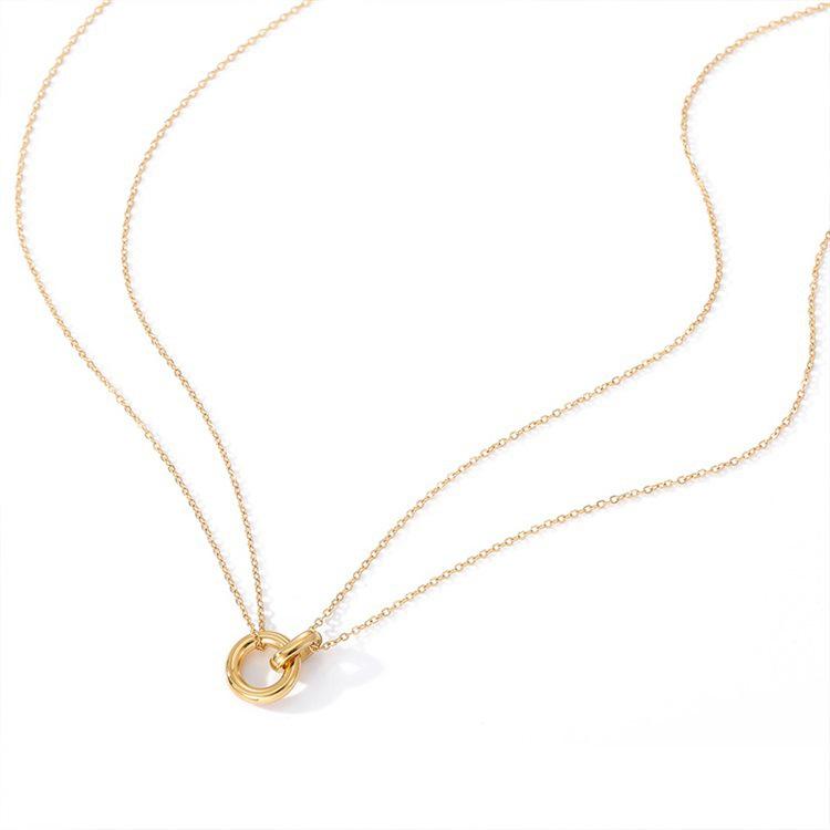 European Style Double Ring Pendant Necklace for Women - 14K Gold Plated Titanium Steel Clavicle Chain