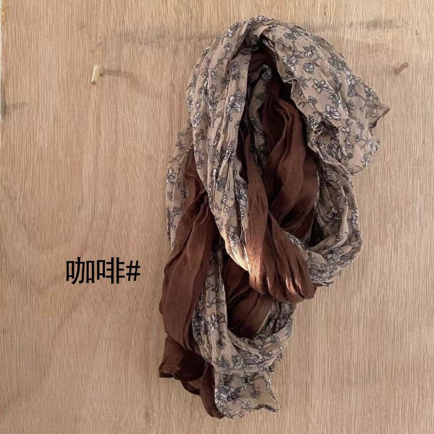 New Retro Literary Imitation Cotton And Linen Pleated Thin Versatile Shawl Small Floral Scarf Yarn Japanese Fashion Trend