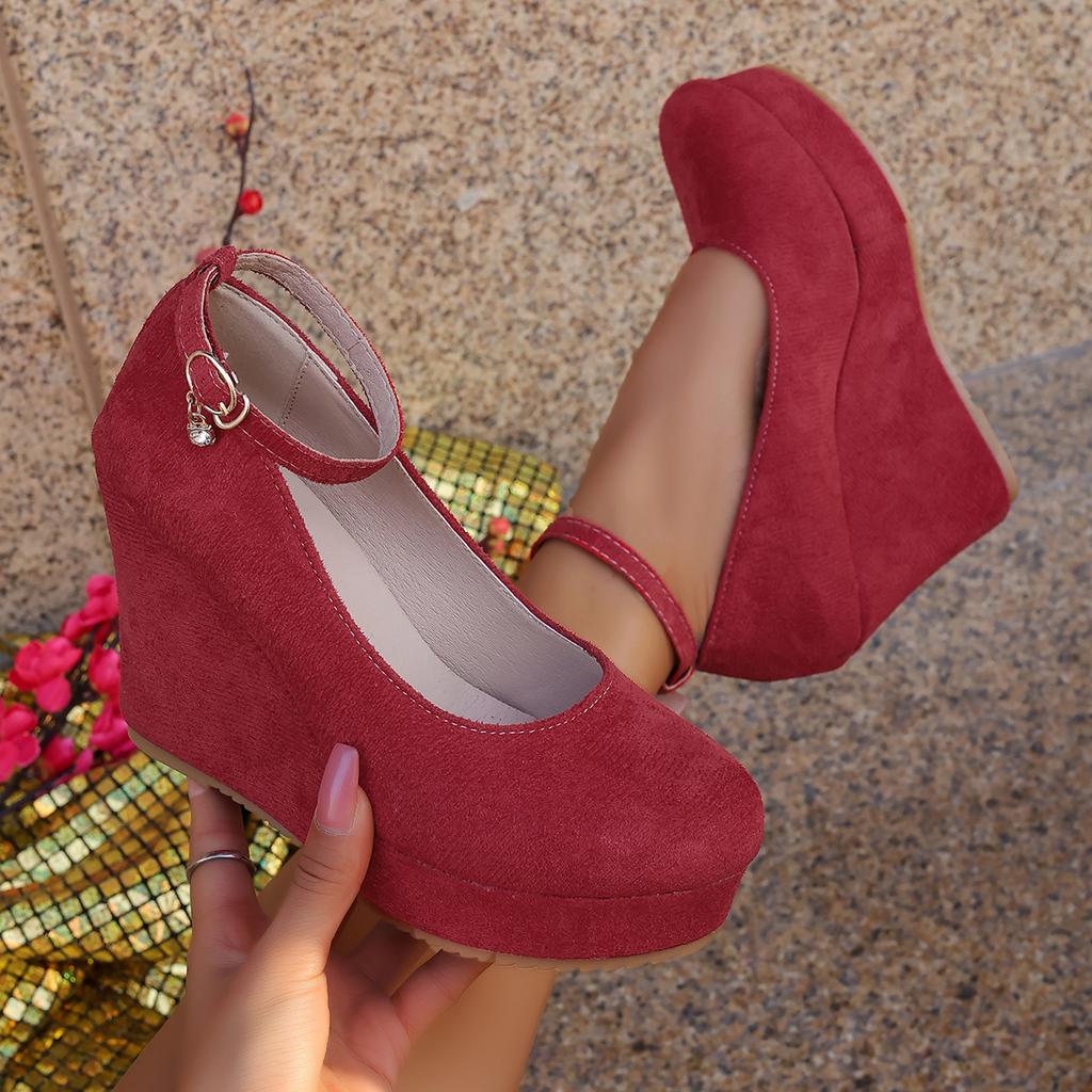 Women Wedge Pumps Sexy Buckle Round Toe Ankle Strap High Heels Shoes Platform Party Wedding Shoes Female Zapatos De Mujer