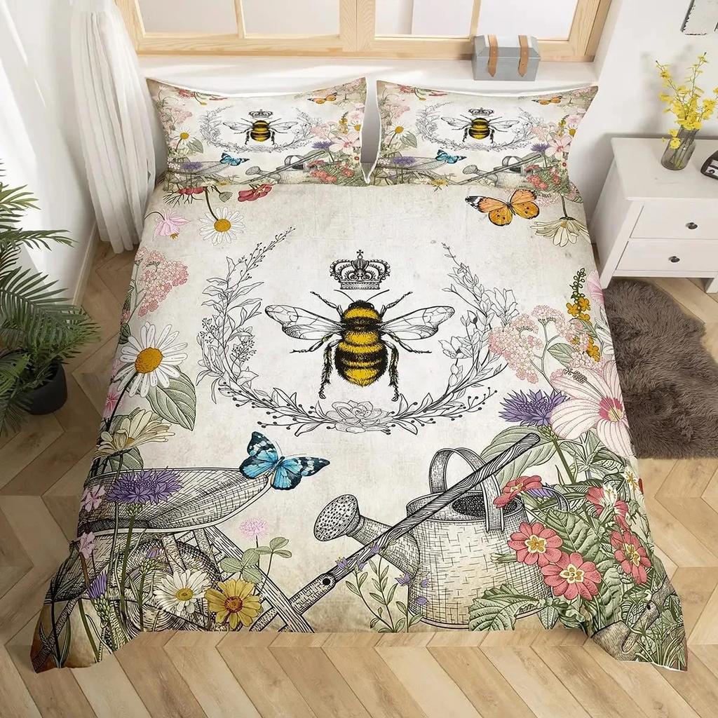 Bee And Butterfly Duvet Cover Set,Spring Floral Bedding Sets For Boys Girls,Colorful Flowers Country Style Comforter Cover Queen