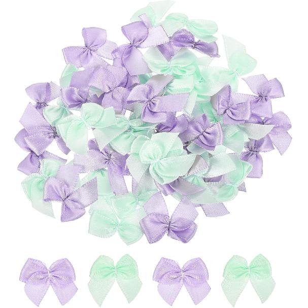 MECCANIXITY 50Pcs Mini Ribbon Bow 1" Mini Fabric Satin Ribbon Flower Bows for Craft DIY Sewing Wedding Birthday Party Pink & Blue