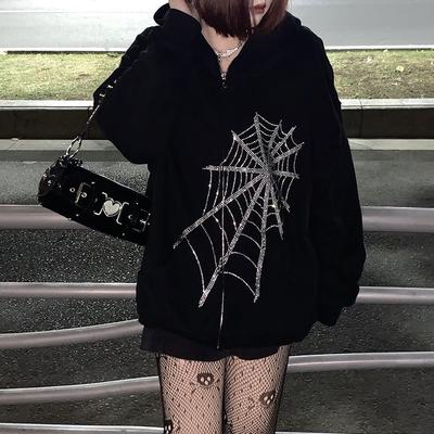 Gotický potisk s drahokamy Dámský svetr s dlouhým rukávem Mikiny zip Volný Oversized Streetwear Neformální Podzim Zima